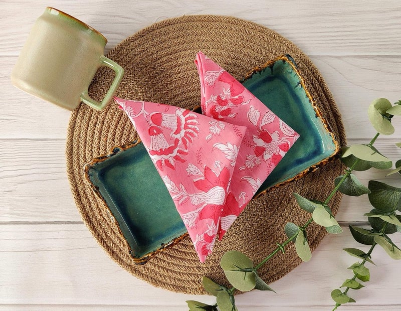 AVKA Studio Craftbot Thin Washable Cotton Napkin 18x18 inches  Lightweight Cloth Printed Napkins Set of 12  Everyday Use or Dinner Party and Events  Pink Floral Indian Block Print Soft Fabric - Image 2