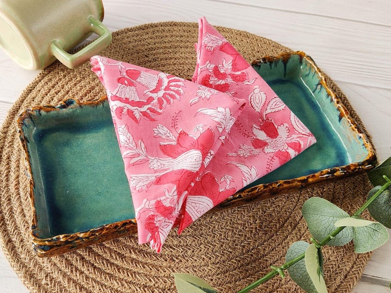 AVKA Studio Craftbot Thin Washable Cotton Napkin 18x18 inches  Lightweight Cloth Printed Napkins Set of 12  Everyday Use or Dinner Party and Events  Pink Floral Indian Block Print Soft Fabric - Image 4