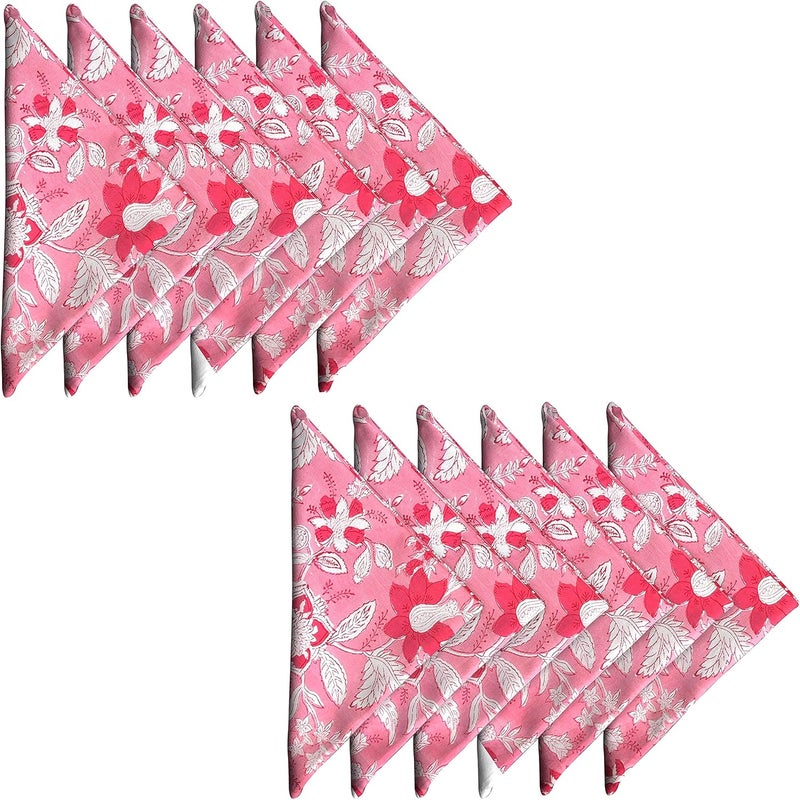 AVKA Studio Craftbot Thin Washable Cotton Napkin 18x18 inches  Lightweight Cloth Printed Napkins Set of 12  Everyday Use or Dinner Party and Events  Pink Floral Indian Block Print Soft Fabric - Image 1