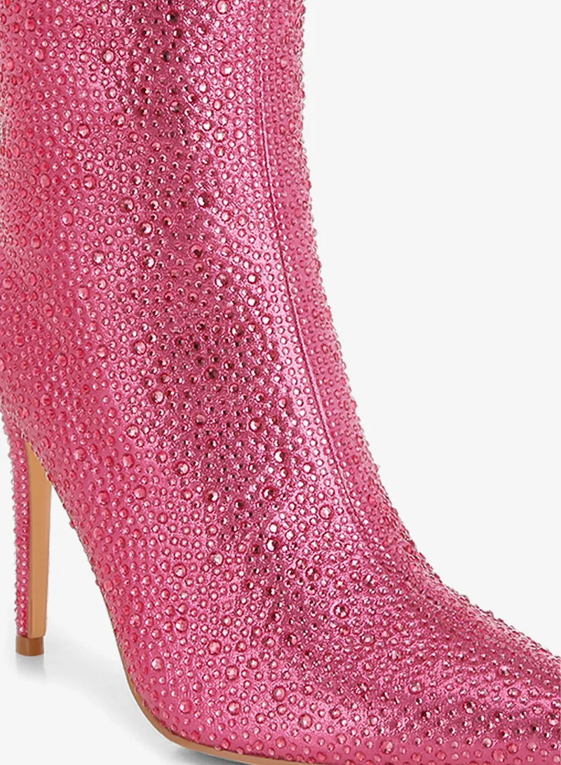 London Rag Rhinestones Embellished High Ankle Boots in Pink