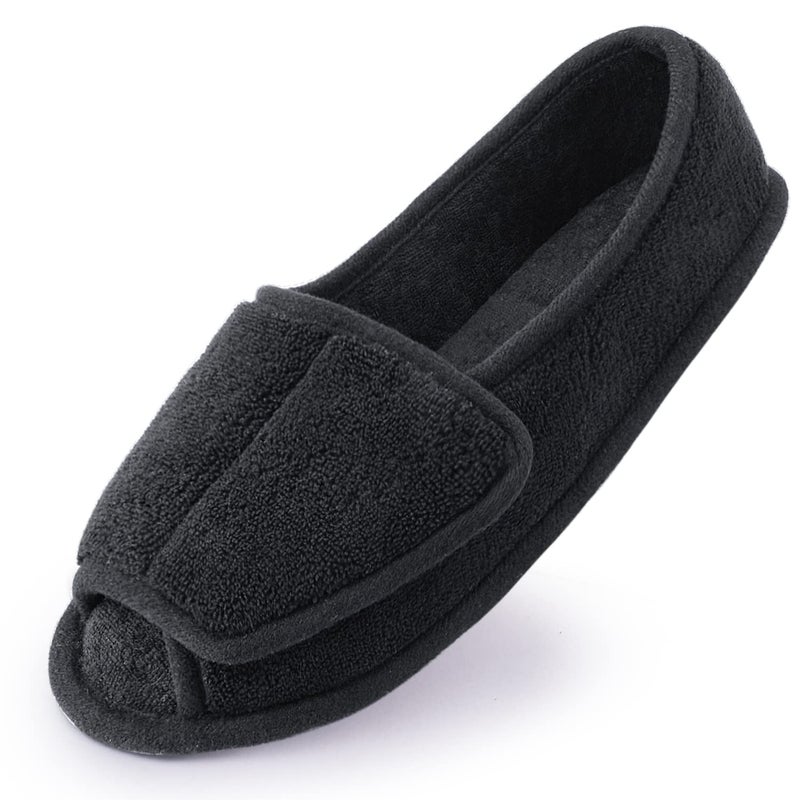 Git-up Women Diabetic Slippers/W Arthritis Edema Adjustable Closure Memory Foam House Shoes Open Toe 11#,Black - Image 1