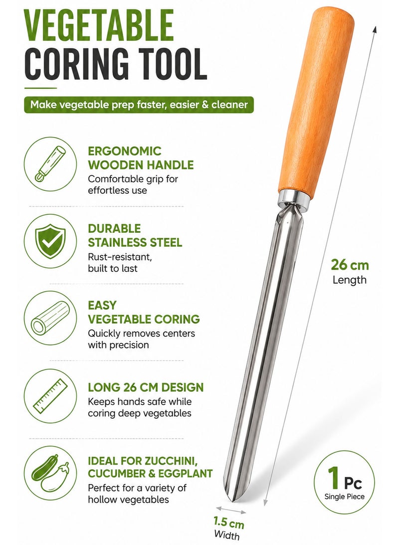 Stainless Steel Vegetable Corer with Wooden Handle, 26cm Vegetable Core Remover for Zucchini, Eggplant, Squash, Potatoes, Cucumbers & Stuffed Vegetables - Image 5