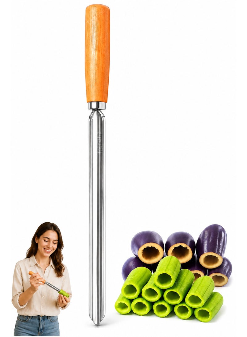 Stainless Steel Vegetable Corer with Wooden Handle, 26cm Vegetable Core Remover for Zucchini, Eggplant, Squash, Potatoes, Cucumbers & Stuffed Vegetables - Image 1