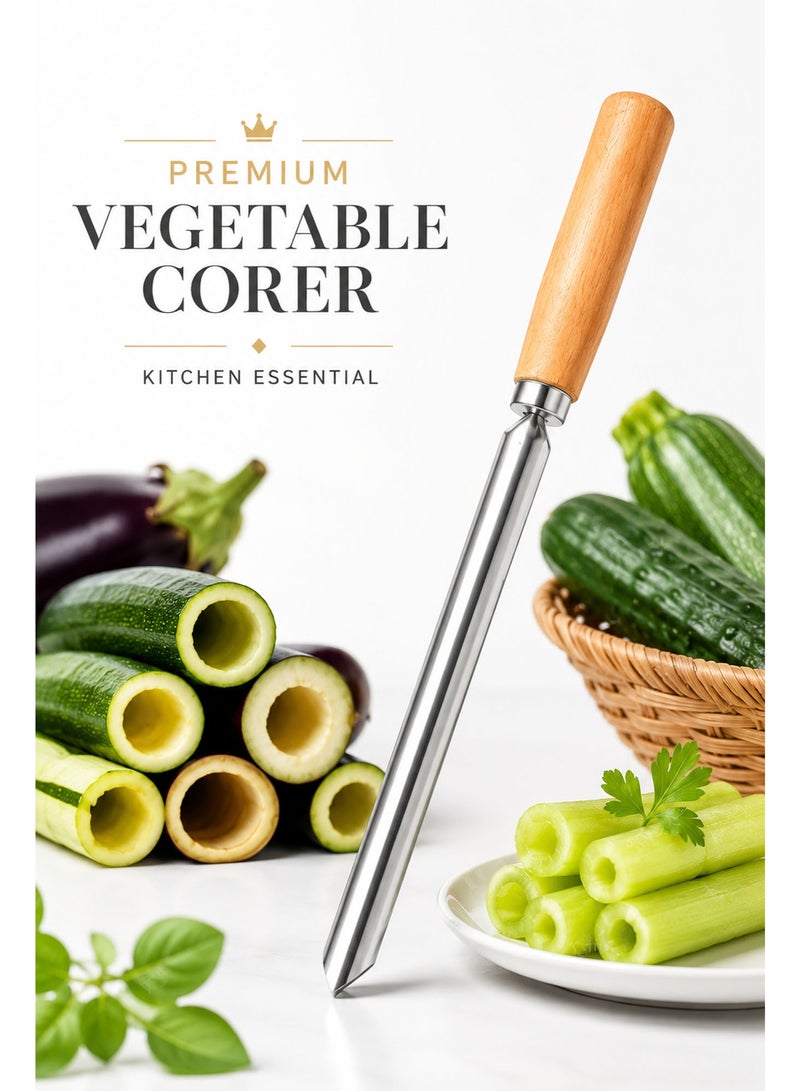 Stainless Steel Vegetable Corer with Wooden Handle, 26cm Vegetable Core Remover for Zucchini, Eggplant, Squash, Potatoes, Cucumbers & Stuffed Vegetables - Image 3