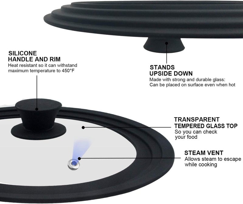 Walfos Universal Lid for Pots, Pans and Skillets - Tempered Glass with Heat Resistant Silicone Rim, Fits 10", 11" and 12" Diameter Cookware, Round - Image 4