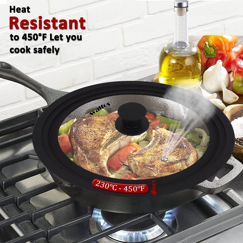 Walfos Universal Lid for Pots, Pans and Skillets - Tempered Glass with Heat Resistant Silicone Rim, Fits 10", 11" and 12" Diameter Cookware, Round - Image 3