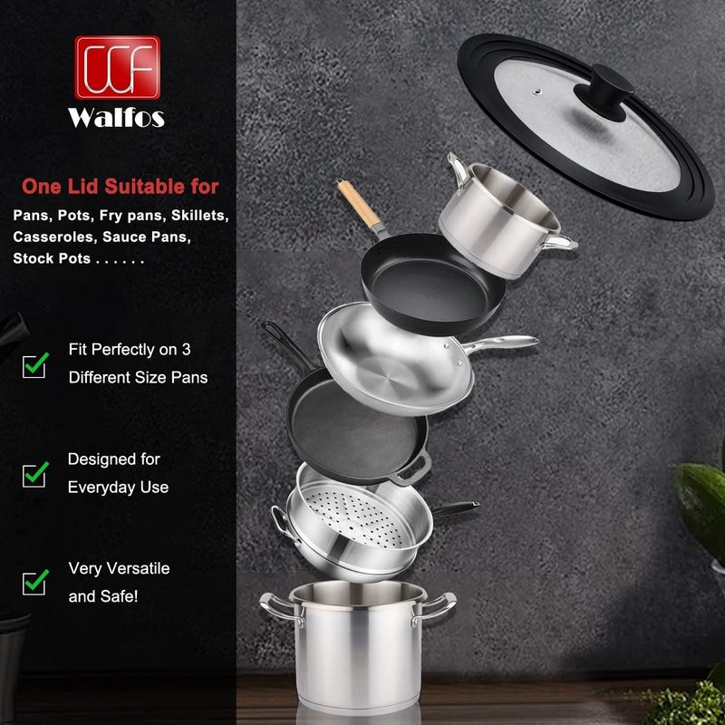 Walfos Universal Lid for Pots, Pans and Skillets - Tempered Glass with Heat Resistant Silicone Rim, Fits 10", 11" and 12" Diameter Cookware, Round - Image 2
