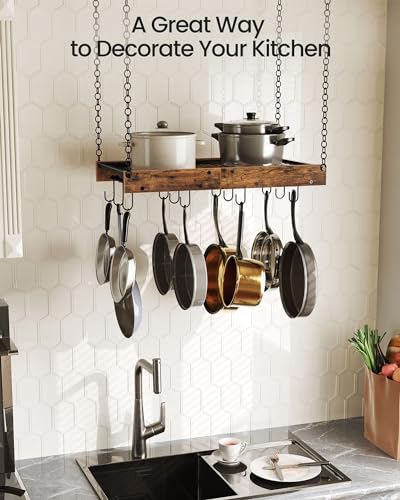 CHOEZON Hanging Pot Rack, Vintage Pot Hangers for Kitchen, Ceiling Mounted Pot Rack, Pot and Pan Hanging Rack with 12 S-Shaped Hooks, for Cookware Storage, Rustic Brown and Black TPR01BF - Image 4