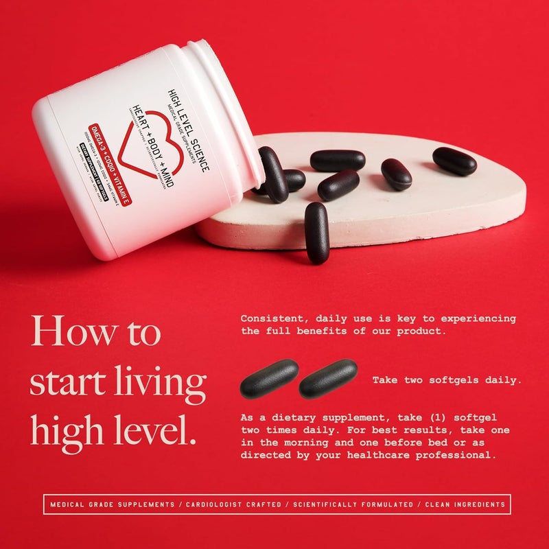 High Level Science CoQ10 Omega3 Vitamin E Cardiologist Formulated for Heart  Body  Mind Health DHAEPA Antioxidant for Energy Superior Bioavailable Fish Oil Gluten Free 60 Softgels  2 Pack - Image 3