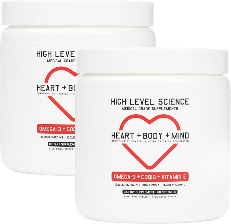 High Level Science CoQ10 Omega3 Vitamin E Cardiologist Formulated for Heart  Body  Mind Health DHAEPA Antioxidant for Energy Superior Bioavailable Fish Oil Gluten Free 60 Softgels  2 Pack - Image 1