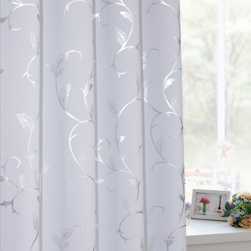 Buhua Greyish White Curtains Shinny Silver Vine Print Design Blackout Window Curtains For Nursery 38Wx72L Set Of 2 Panels - Image 3