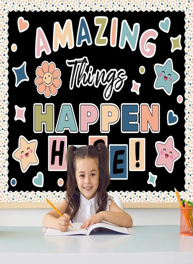 FYSUIMU Boho Inspirational Bulletin Board Decorations Back to School Motivational Classroom Decor Amazing Things Happen Here Paper Cutouts with Glue Points for School Chalkboard Decor, 63 Pcs - Image 4
