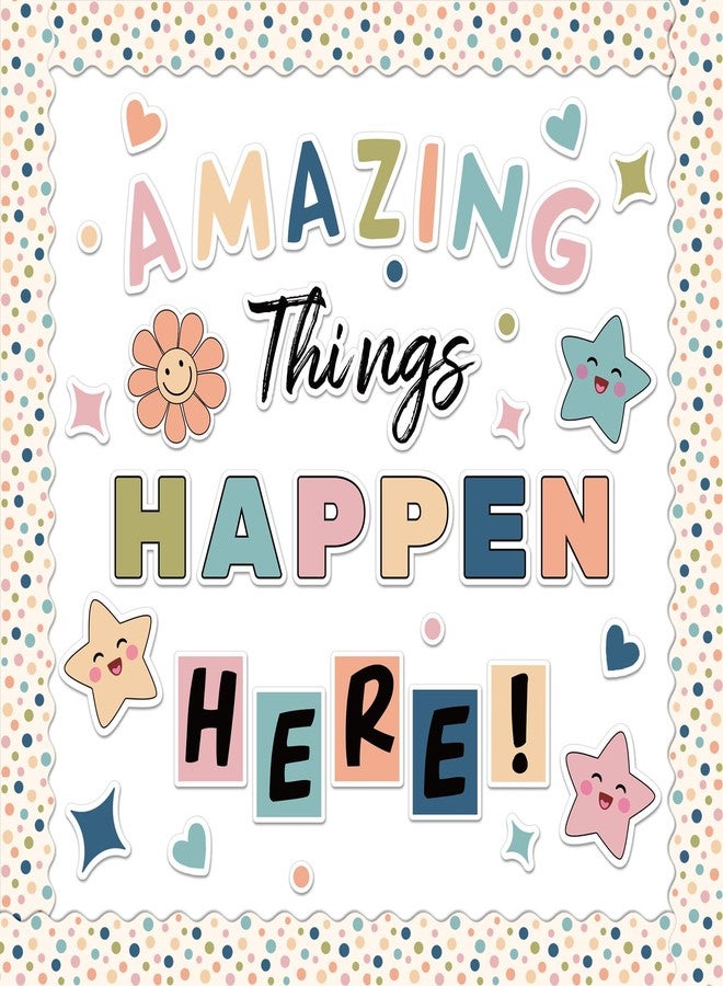 FYSUIMU Boho Inspirational Bulletin Board Decorations Back to School Motivational Classroom Decor Amazing Things Happen Here Paper Cutouts with Glue Points for School Chalkboard Decor, 63 Pcs - Image 1