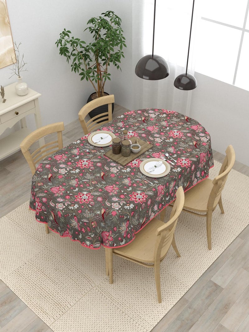 Clasiko 4 Seater Oval Dining Table Cover| 54x78 Inches| Material - Cotton| Dark Grey & Pink 81008 - Image 1
