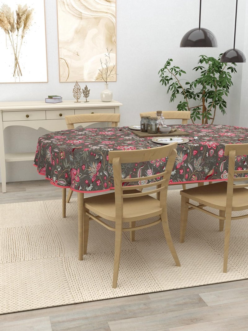 Clasiko 4 Seater Oval Dining Table Cover| 54x78 Inches| Material - Cotton| Dark Grey & Pink 81008 - Image 2