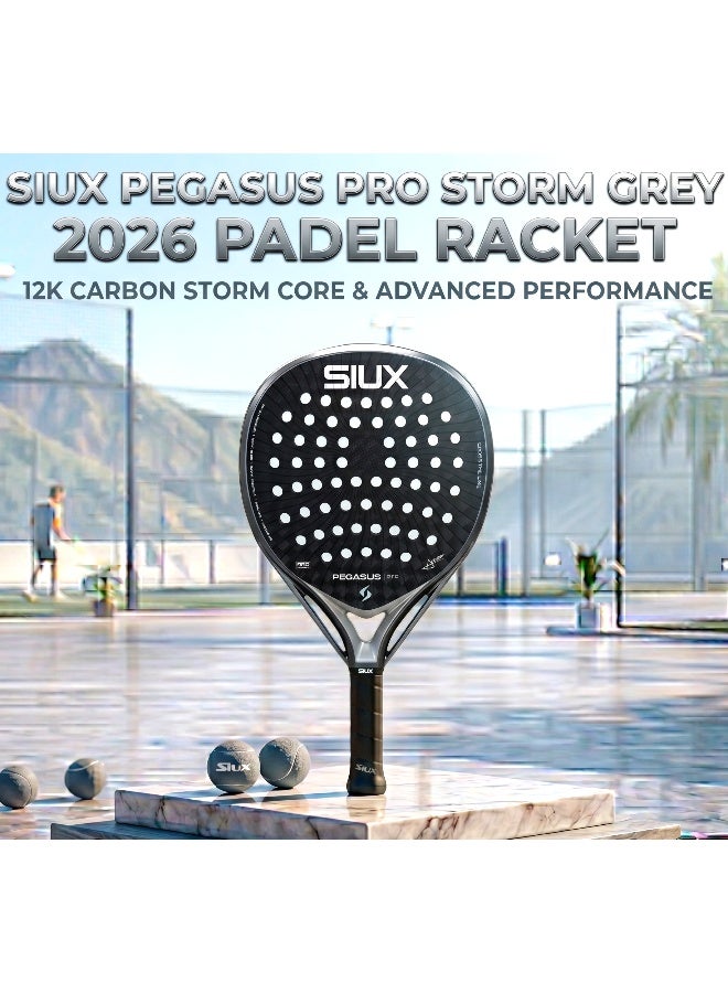 Siux Pegasus Pro Storm Grey 2026 Padel Racket – 12K Carbon Hybrid Racquet with EVA Core, 3D Texture, Power & Control for Advanced Players - Image 1