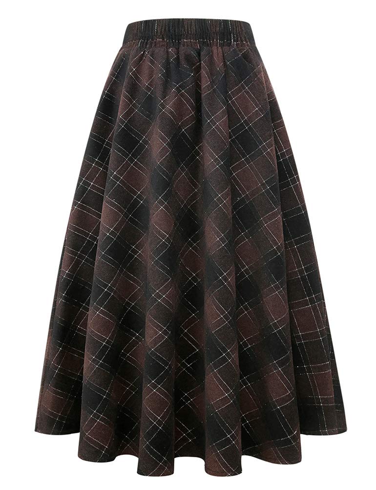 IDEALSANXUN Womens Plaid Wool Skirts Elastic Waist A-Line Pleated Tartan Long Skirts (XX-Large, Coffee 2005) - Image 3