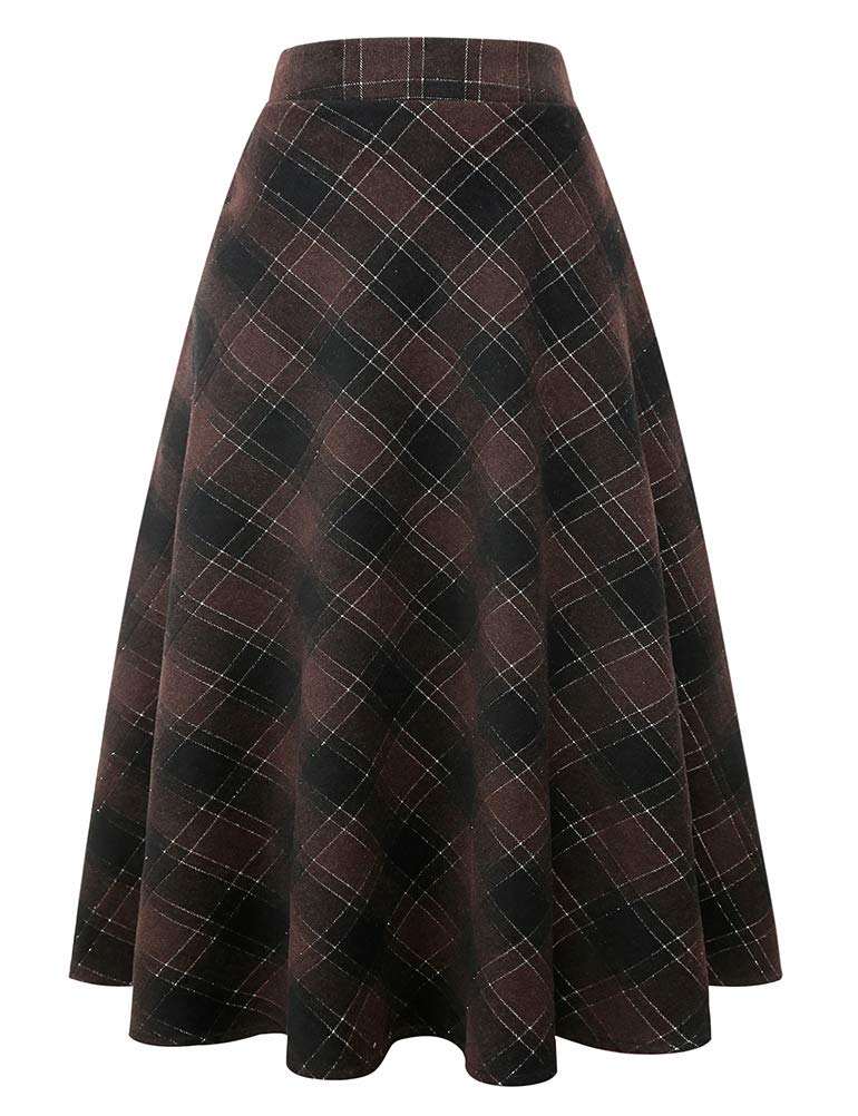 IDEALSANXUN Womens Plaid Wool Skirts Elastic Waist A-Line Pleated Tartan Long Skirts (XX-Large, Coffee 2005) - Image 1