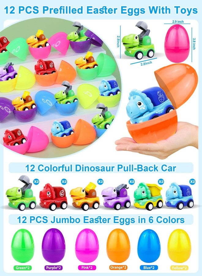 AMENON 12 Pack 3.8" Jumbo Easter Eggs Prefilled with Dinosaur Pull Back Cars, Easter Eggs with Toys Inside Pull Back Construction Vehicles Kids Toddlers Boys Girls Easter Basket Stuffers Fillers Egg Hunt - Image 2