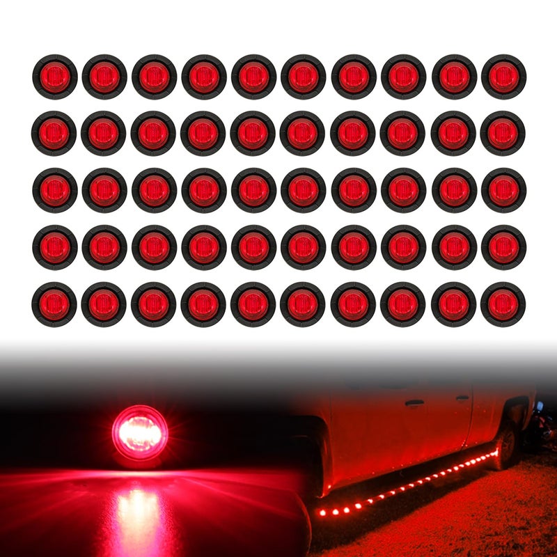 TMH 50 Pcs 3/4 Inch Red Clearance Side Marker Indicator Lights Mini Round Front Rear 3 LED with Rubber for Trailer Truck Bus Car Pickup 12V DC