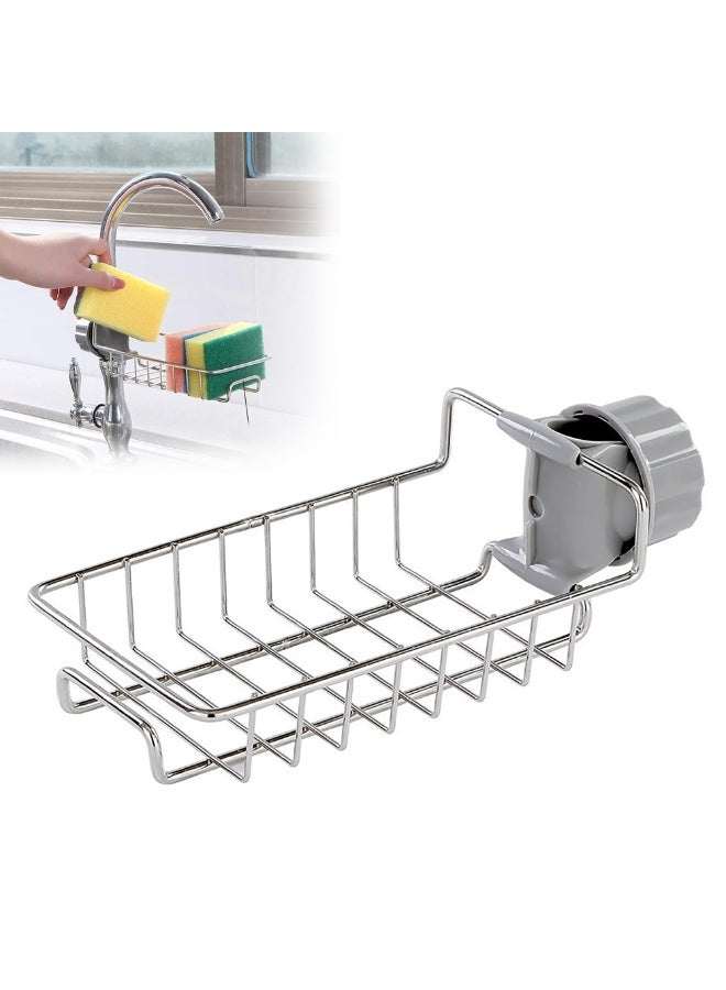 Chabeia Kitchen Sink Organizer, Stainless Steel Heavy Duty Thickening Hanging Faucet Drain Rack, for Scrubbers, Soap, Bathroom, Detachable No Suction Cup (Grey & Sliver) - Image 1