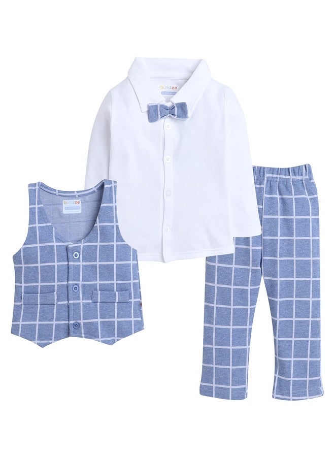 BUMZEE Unisex Cotton Sky Blue & White Boys Full Sleeves Shirt Waistcoat & Pant Set with Applique Bow Age-12-18 Months (Peb8051D-Sbl.Wht) - Image 1