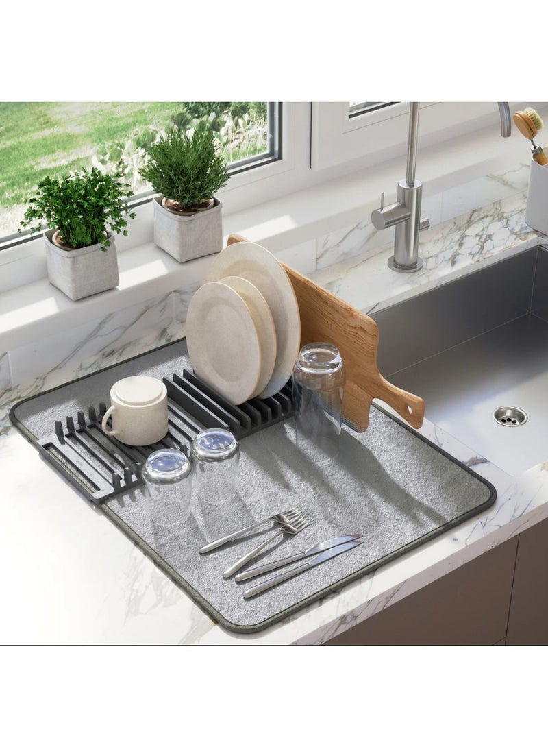 Dish Rack and Microfiber Drying Mat – Space-Saving Design Folds Up for Easy Storage, Basic Rack, Gray. - Image 5