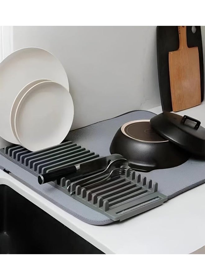 Dish Rack and Microfiber Drying Mat – Space-Saving Design Folds Up for Easy Storage, Basic Rack, Gray. - Image 3