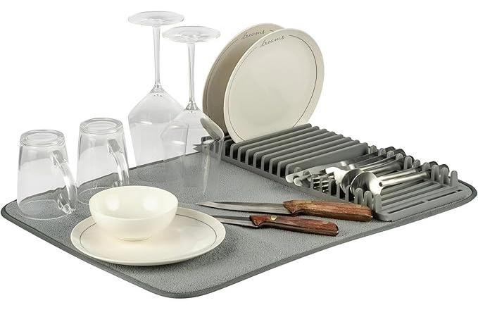 Dish Rack and Microfiber Drying Mat – Space-Saving Design Folds Up for Easy Storage, Basic Rack, Gray.