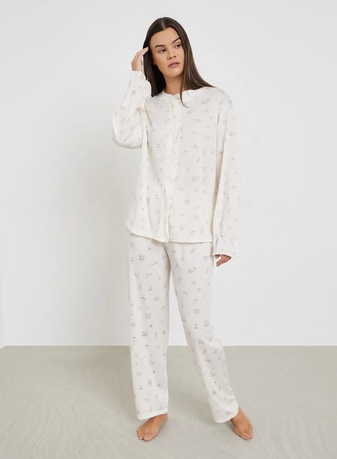 Styli Floral Print Round Neck Shirt and Pyjama Set