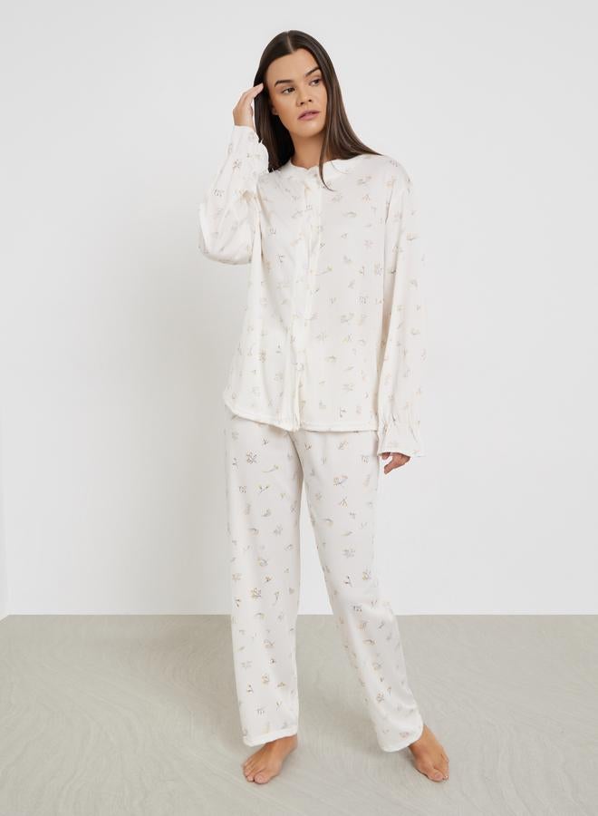 Styli Floral Print Round Neck Shirt and Pyjama Set - Image 2