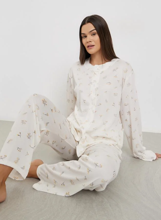 Styli Floral Print Round Neck Shirt and Pyjama Set