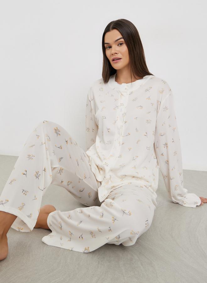 Styli Floral Print Round Neck Shirt and Pyjama Set - Image 1