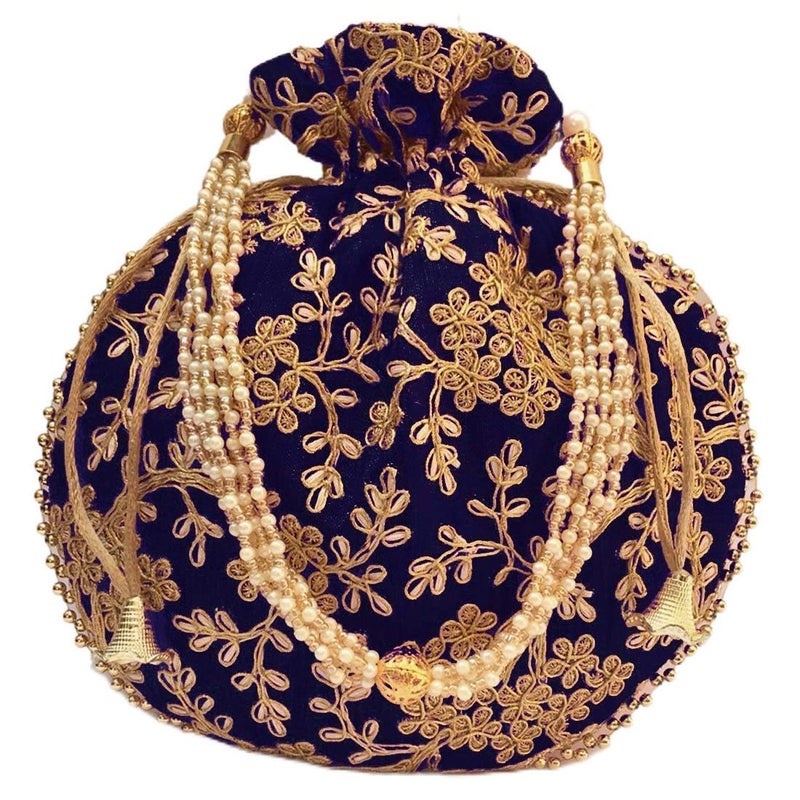 IGH Indian Ethnic Navy Blue Potli Bag Ladies Handbag for Bridal Batwa With Pearls Handle Clutch for Women