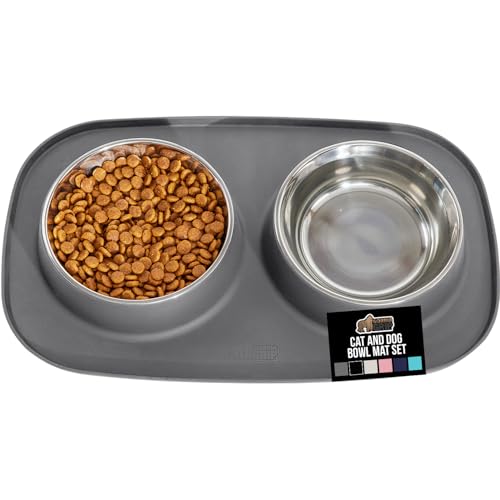 GORILLA GRIP Feeding Mat Bowl Set 4 Cup 100 Waterproof BPA Free Silicone Base 304 Stainless Steel Cat and Dog Bowls for Food and Water Slip Resistant High Edge US Designed Patent Pending Gray - Image 1