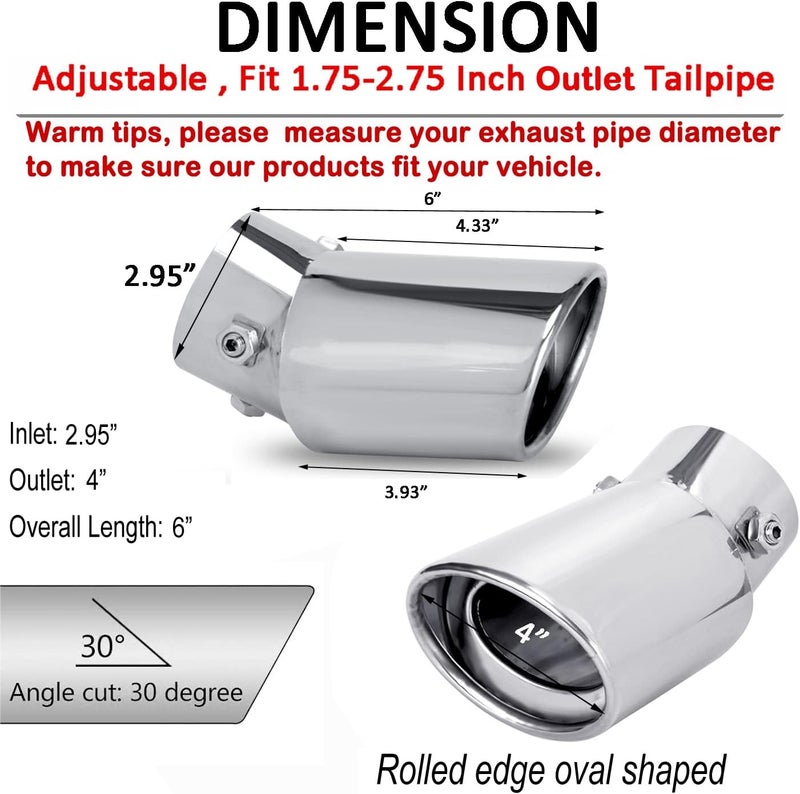 Dsycar Universal 1.75-2.75 inch Curved Exhaust Tips, Chrome-Plated Finish Bolt On Design Exhaust Tips for 1.75"/2"/2.25"/2.5"/2.75" Outside Diameter Tailpipes (Silver Large Curved) - Image 3