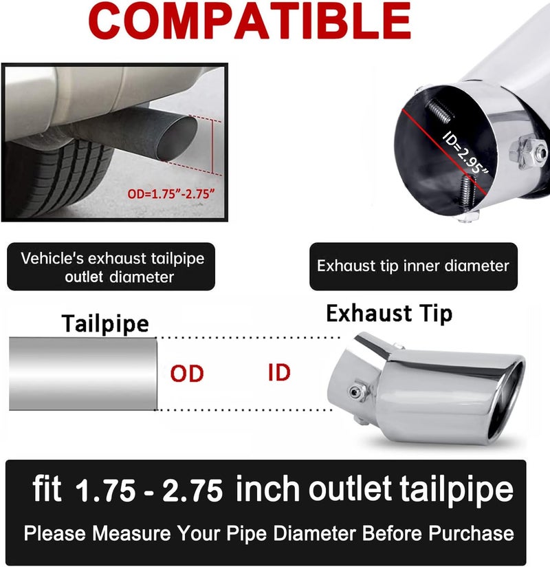 Dsycar Universal 1.75-2.75 inch Curved Exhaust Tips, Chrome-Plated Finish Bolt On Design Exhaust Tips for 1.75"/2"/2.25"/2.5"/2.75" Outside Diameter Tailpipes (Silver Large Curved) - Image 5