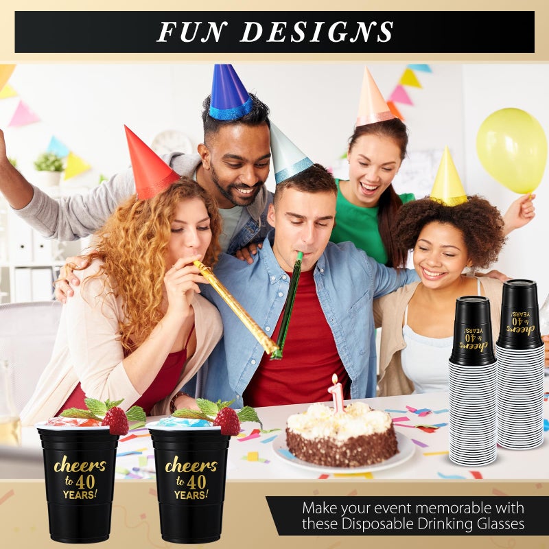 Suttmin 50 Pcs Cheers to 40 Years 16 oz Birthday Party Disposable Cups Black Gold Plastic Tumbler Cups for 40th Birthday Squad Tumblers for Wedding Anniversary Supplies Decorations - Image 5