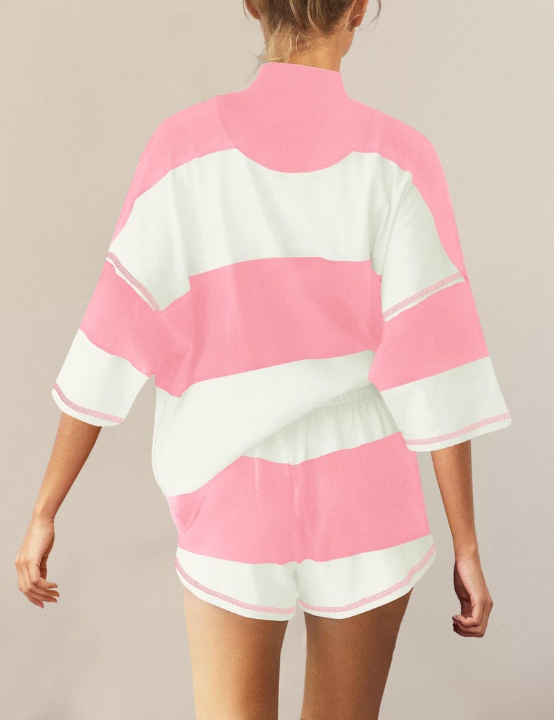 Panadila Women Striped Workout Set Two Piece Outfit Tracksuit Oversized Lounge Set Top and Shorts Sets with Pockets(Pink White Combo,M) - Image 3