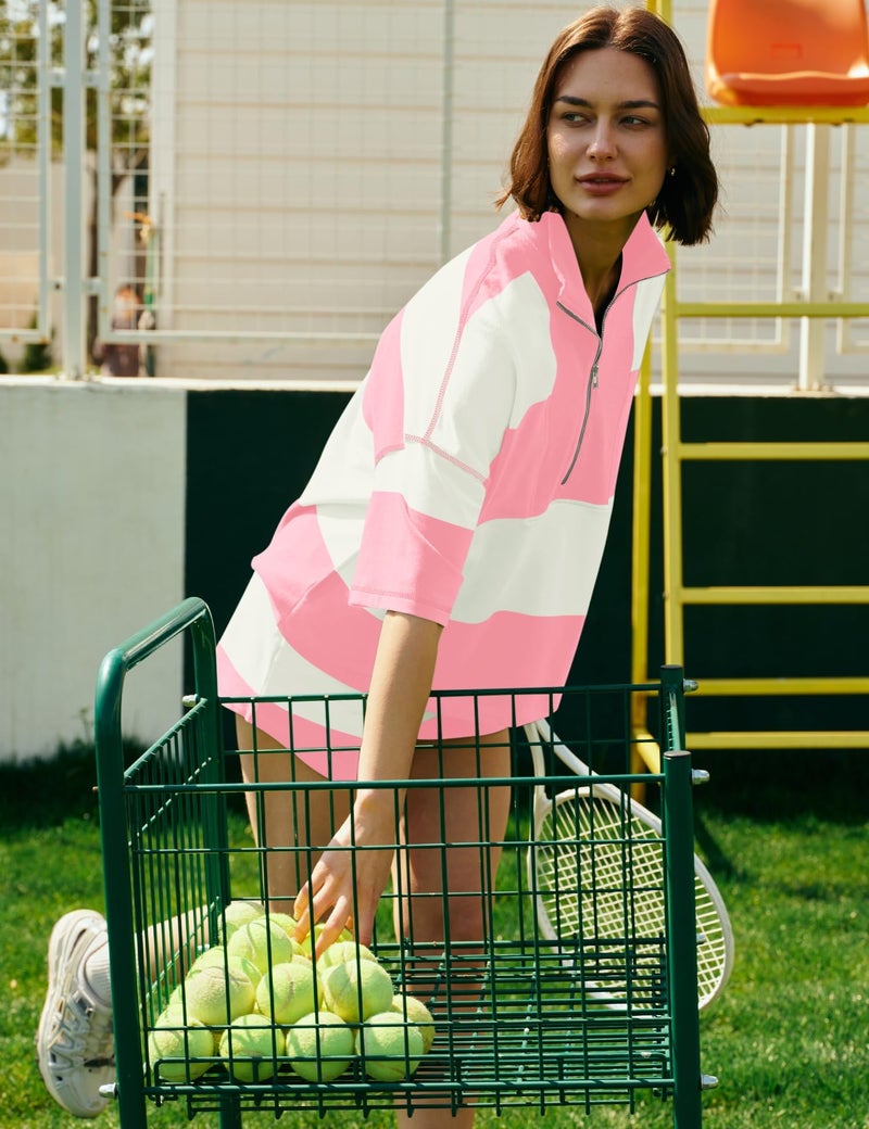 Panadila Women Striped Workout Set Two Piece Outfit Tracksuit Oversized Lounge Set Top and Shorts Sets with Pockets(Pink White Combo,M) - Image 5