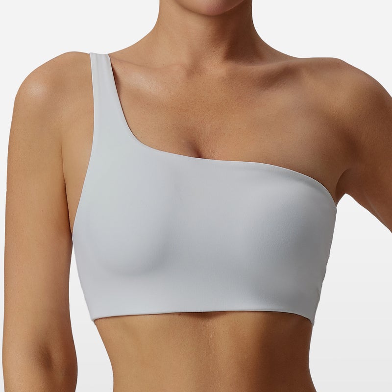 Sports Bra White/white New Inclined Shoulder Sports Underwear Women's Hollow Fitness Beautiful Back Shockproof High Strength Running Yoga Bra