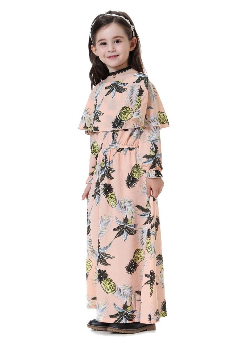 إسكدنيا Girl's Printed Maxi Dress With Long Sleeve Pink Mix  - Image 3