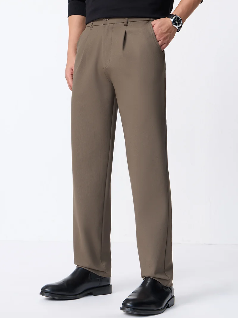 The Souled Store Super Flex Pants: Men and Boys Sienna Brown Solid Polyester Viscose Elastane Blend Straight Fit Elastic Back Waistband Pleated Front Trousers