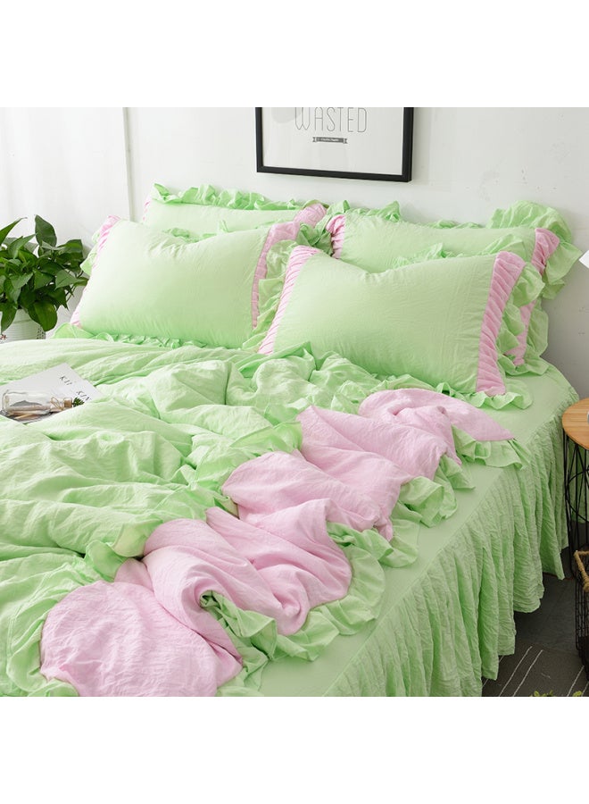 Generic # 7N Washed Cotton Quilt Cover Single Piece Three Four Pieces Solid Color Single Dormitory Double 1.8x 2.2 Pure Cotton Quilt Cover-Color:Washed Cotton Double With Green, Pink And Green [class A Maternal And Infant Grade Fabric, Super Soft And Soft]-Specifications:1.5m Bed Skirt Four-piece Set (quilt Cover 1.8*2.2) - Image 1