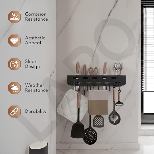 LAPO Self-Adhesive Kitchen Organizer Rack - Wall Mounted Cutlery Holder with Knife Stand, Spatula & Ladle Hooks, Towel Hanger, Multipurpose Utensil Storage Rack (Black, Pack of 1) - Image 3