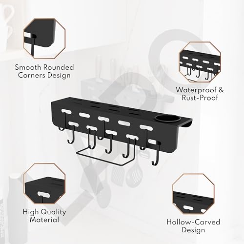 LAPO Self-Adhesive Kitchen Organizer Rack - Wall Mounted Cutlery Holder with Knife Stand, Spatula & Ladle Hooks, Towel Hanger, Multipurpose Utensil Storage Rack (Black, Pack of 1) - Image 4