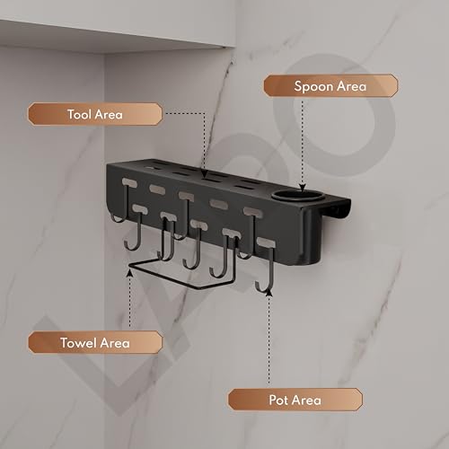 LAPO Self-Adhesive Kitchen Organizer Rack - Wall Mounted Cutlery Holder with Knife Stand, Spatula & Ladle Hooks, Towel Hanger, Multipurpose Utensil Storage Rack (Black, Pack of 1) - Image 5