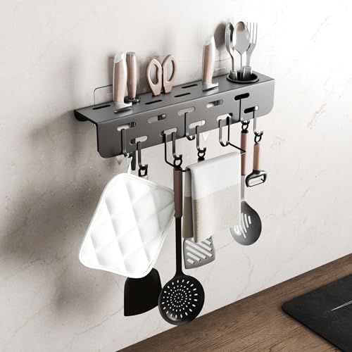 LAPO Self-Adhesive Kitchen Organizer Rack - Wall Mounted Cutlery Holder with Knife Stand, Spatula & Ladle Hooks, Towel Hanger, Multipurpose Utensil Storage Rack (Black, Pack of 1) - Image 1
