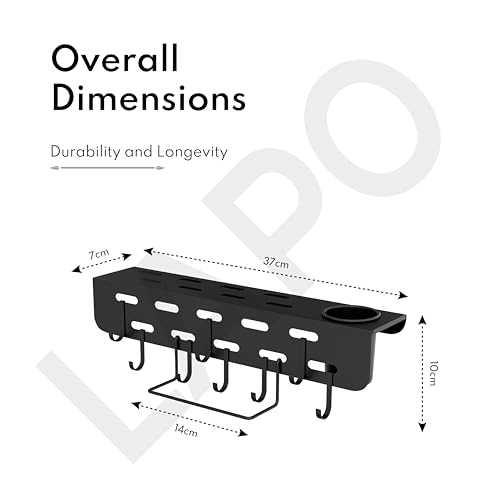 LAPO Self-Adhesive Kitchen Organizer Rack - Wall Mounted Cutlery Holder with Knife Stand, Spatula & Ladle Hooks, Towel Hanger, Multipurpose Utensil Storage Rack (Black, Pack of 1) - Image 2
