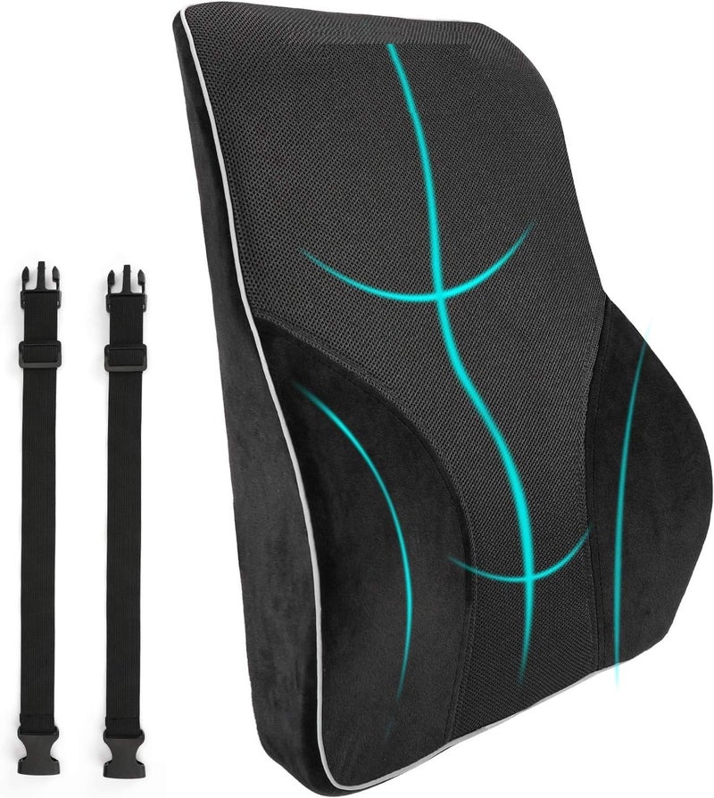 SILENCIO Lumbar Pillows Back Support Cushions Memory Foam Pillows for Car Seat Office Chair Home Sofa or Couch Low Back Pillow Chair Cushions with Extension Strap and Carry Bag Black